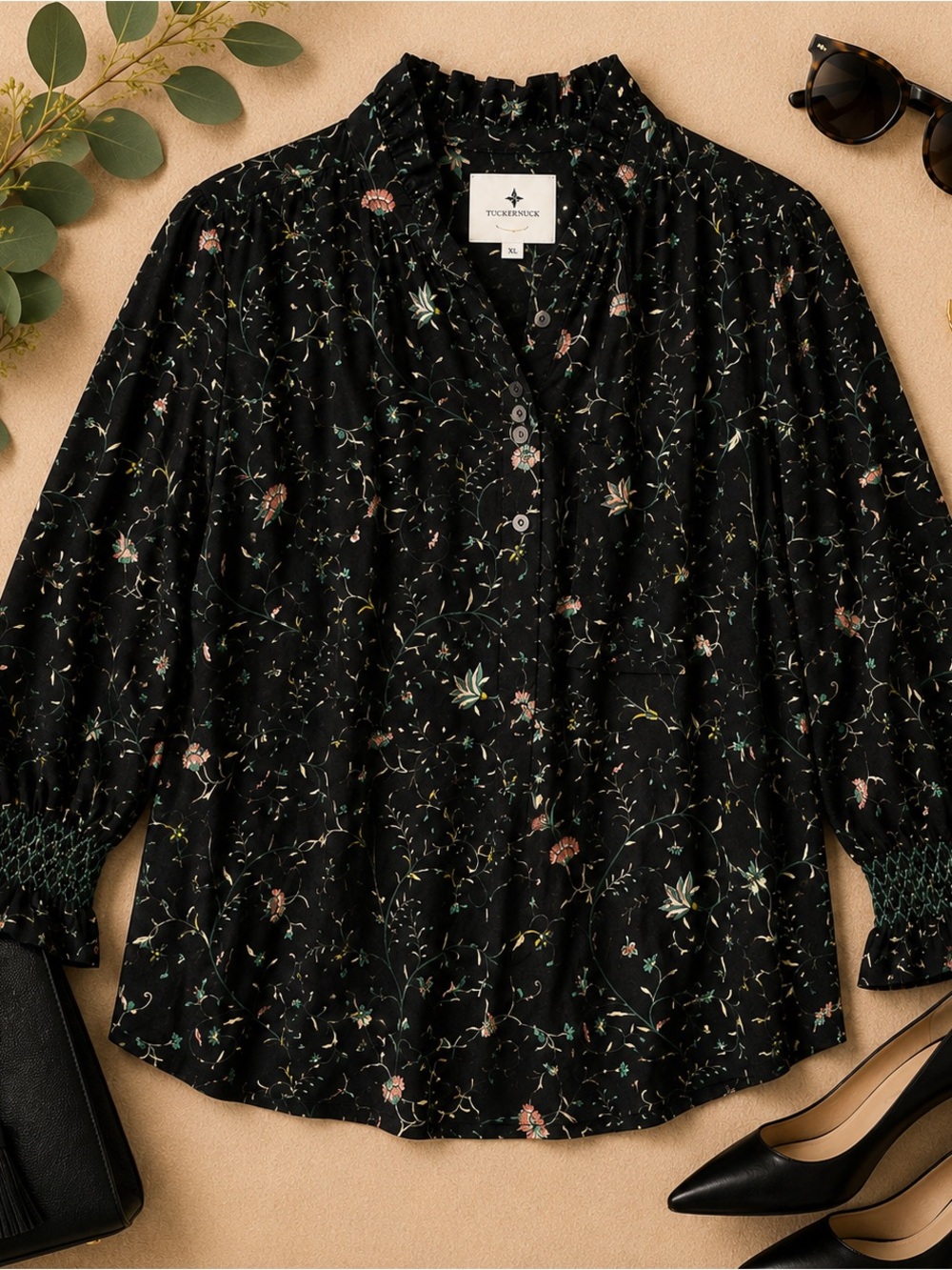 Tuckernuck XL Black Floral Ruffle Neck Blouse NWT Smocked Cuffs